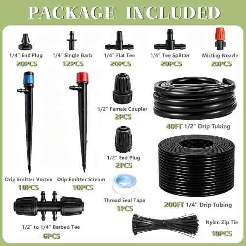 Dianrui 240FT Drip Irrigation System, Automatic Drip Irrigation Kit for Greenhouse/Yard/Lawn/Plant/with 1/2 inch Hose, 1/4 inch Distribution Tubing and Accessories - style: TypeB