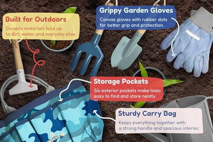 Gardening Set, Tool Kit, for Kids, STEM, Includes Tote Bag, Spade, Watering Can, Rake, Fork, Trowel and Gloves (Camo Quest) - color: Camo Quest
