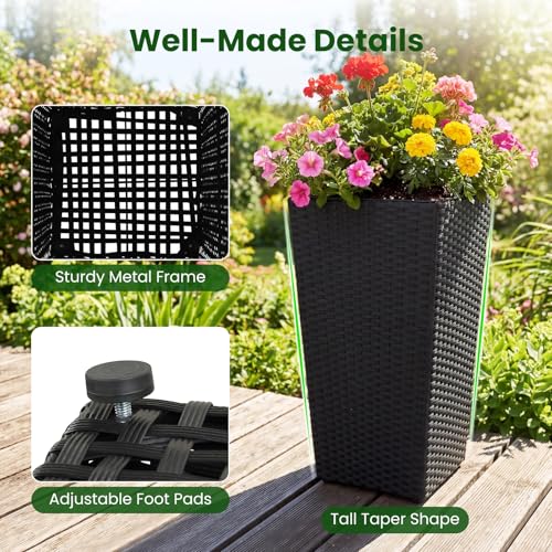 GIANTEX Tall Planters Set of 2, 24”H Tapered Rattan Planter, Black - color: Black, size: 11''x11''x24''