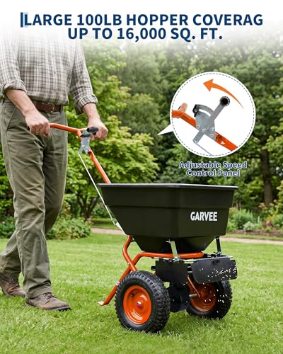 Garvee 100LBS Push Lawn Spreader, Broadcast Spreader with Hopper Grate - color: 100LB+Orange