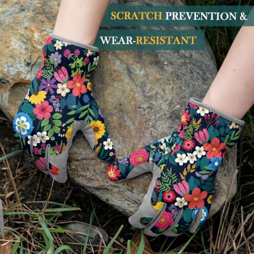 Gardening Gloves for Women, Breathable Leather Garden Gloves,Gardening Gift - color: Black - Grey Flowers