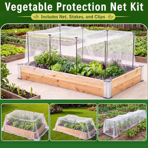 Large 10x20ft Garden Netting Kit for Raised Beds with Metal Support Stakes