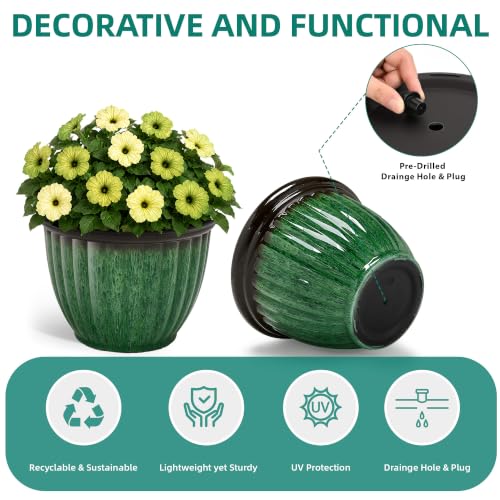Autodaya 15" Large Planters For Outdoor Plants Set Of 2 Plastic Flower Pots - color: 15"-gradient Emerald Green With Black Rim