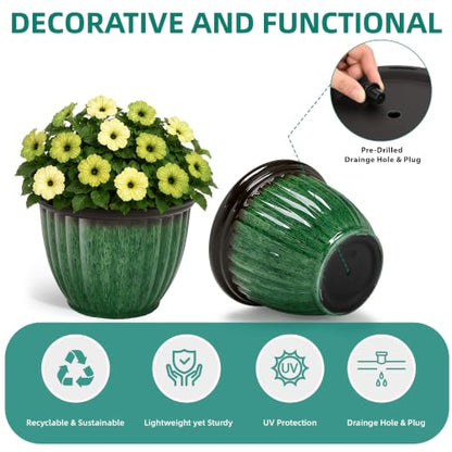 Autodaya 15" Large Planters For Outdoor Plants Set Of 2 Plastic Flower Pots - color: 15"-gradient Emerald Green With Black Rim