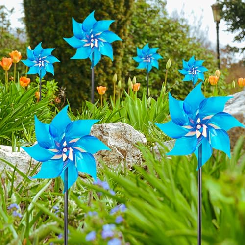 Hausse 10 Pack Reflective Pinwheels Wind Spinner, Extra Sparkly Pinwheel with Stakes, Bird Repellent Blinder Devices Deterrent to Scare Birds Away from Yard Patio Farm Garden, Transparent Blue - color: Transparent Blue