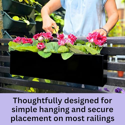 LaLaGreen Railing Planter Box (16 Inch, 2 Pack) Black Metal Rectangular Hanging Flower Boxes with Brackets, Planters for Outdoor Deck Railings Fence Over Rail Balcony Patio Porch Modern Garden Decor - size: 16" x 2 Pack