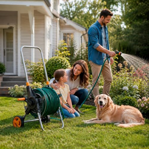 Garden Hose Reel Cart with Wheels, Hold Up to 150 ft of 5/8-inch Garden Hose, Water Hose Reel Cart with Adjustable Handle, Non-Slip Grip and Quick Hose Connectors for Garden and Backyard