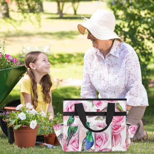 Hummingbird Flower Rose Garden Tool Bag Waterproof Gardening Tool Storage Bag with Handle & 10 Pockets Gardening Tote Bag for Women Garden Tool Organizer - color: Hummingbird Flower Rose
