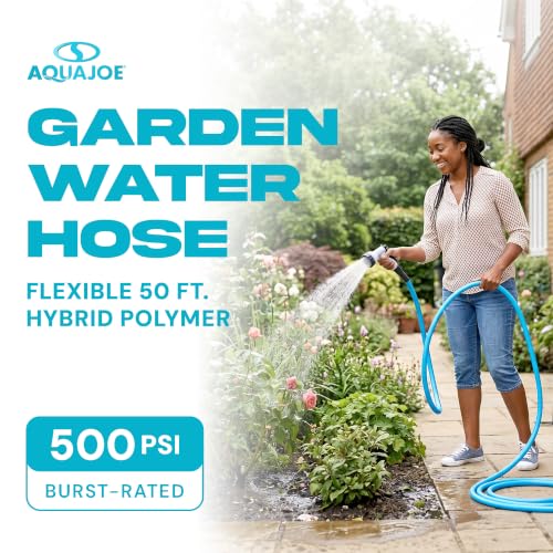 Aqua Joe 50ft Professional-Grade Hybrid Polymer Garden Hose with Dual Swivel Grips, 500-PSI Burst Rating