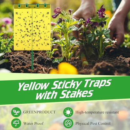 16 Set 7.8"x9.8" Dual-Sided Yellow Sticky Traps with Stakes Large Glue Traps for Flying Plant Insect Such as Fungus Gnats, Whiteflies, Aphids, Leafminers, etc, UV Resistant