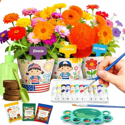 Doiaz Paint & Plant Flower Growing Gardening Kit with 3 Pots for Kidz - Gardening Tools Set Easter Gifts for Girlz & Boyz Agez 5, 6, 7, 8, 9, 10, 11 & 12 Yearz Old Girlz - style: Modern