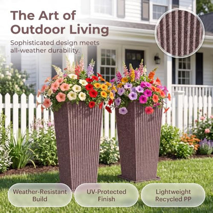 24" Tapered Tall Planters for Outdoor Plants with Tray&Shelf, Brown - color: Brown-concrete Look/Sandblasting