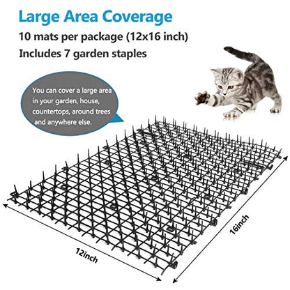 Pomeat 10 PCS Scat Mat for Cats Indoor 16" x 12" with Spikes Sprickle, Digging Deterrent for Dogs, Outdoor for Garden and Fence with 7 Staples