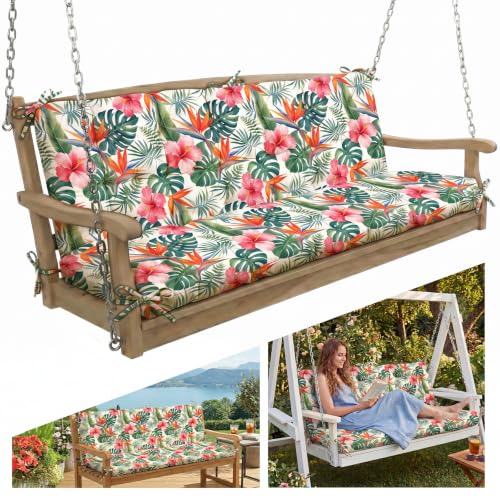 Oxford Fabric Swing Cushions with Backrest & Tie Straps for Patio Bench - color: Red Floral With Green Leaf