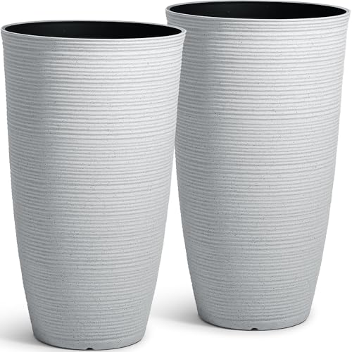 2-Pack 23.5" White Plastic Tall Tapered Planters with Ribbed Texture - color: 23.5" Pp-brushed White