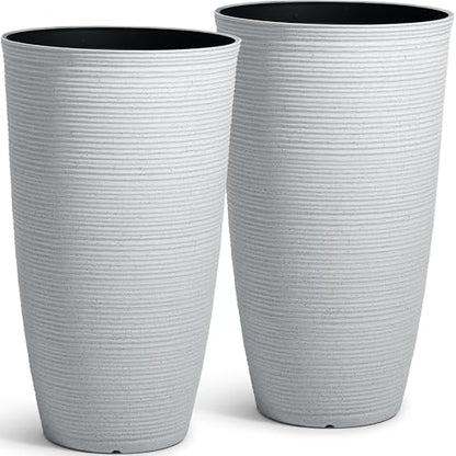 2-Pack 23.5" White Plastic Tall Tapered Planters with Ribbed Texture - color: 23.5" Pp-brushed White