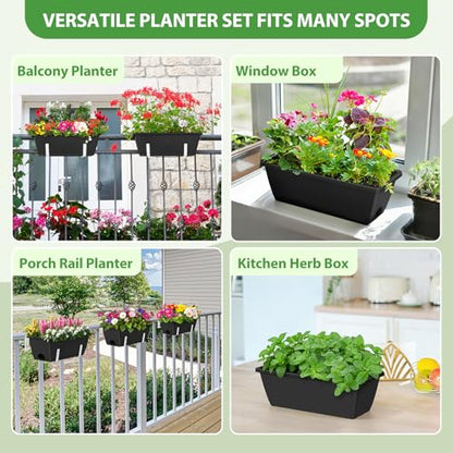 Railing Planter Box 4 Pack Hanging Balcony Planters with Adjustable Bracket - color: Black & White