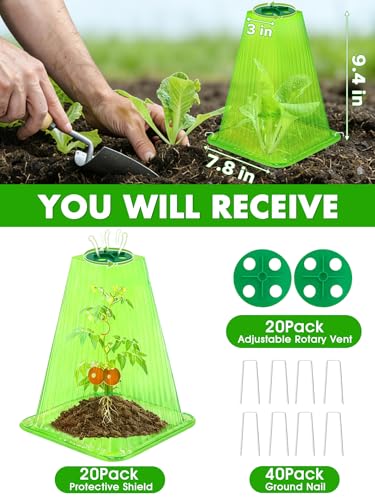 20 Pack Garden Cloches for Plants with 40 Ground Stakes and Rotary Vent - color: Green