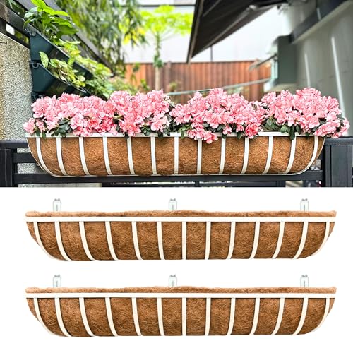 LaLaGreen Deck Railing Planter Boxes (2 Pack, 48 Inch) White Metal Rectangular Window Flower Box with Coco Liner, Wall Hanging Planters for Outdoor Plants Rail Fence Balcony Patio Porch Garden Decor - size: 48" (122cm) x 2 pack