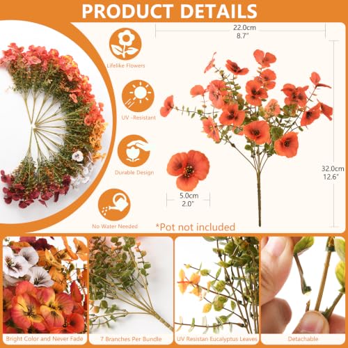 INQCMY Artificial Pansy Fall Flowers for Outdoor Porch Decoration Faux Mums - color: Orange,autumn Yellow,brown,gradient Autumn Red,white,autumn Red