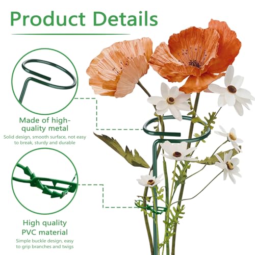 Huakaile 4 Packs Adjustable 35.4" Plant Stakes and Supports with 30 Pieces 9" Twist Ties, Green Plant Holder Stick Outdoor Indoor, Metal Flower Support Stakes Rings for Gardens Vegetables (90 cm) - size: 90 cm