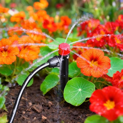 55 Pieces Drip Irrigation Emitters for 1/4" Tubing, Adjustable 360 Degree Water Flow Irrigation Multi Stream Spray Emitter On 5" Stake for Garden Watering System - color: Red Lock Emitter-55P