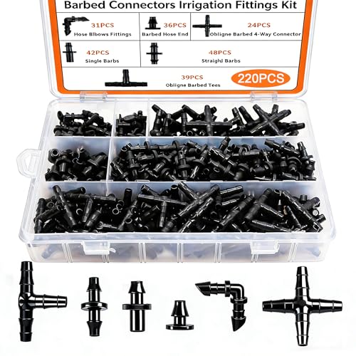 Dianrui 220 PCS Drip Irrigation Kit, Drip Irrigation Parts 1/4'' Tubing Fittings Kit for Garden Lawn Flower Sprinkler Systems-End Plug/ 4-Way Connector/Single barbs/Straight Barbs/Oblique Barbed Tees - style: TypeC