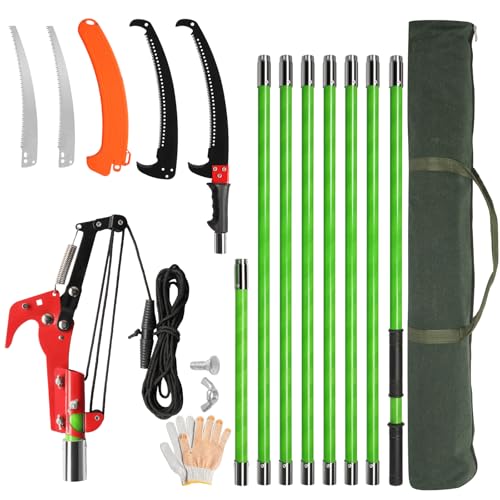 VINGLI 26FT Manual Pole Saw for Tree Trimming, Extendable Tree Pruner, Sharp Steel Blade and Scissors, High Tree Branch Cutter with Lightweight 8 Fiberglass Long Handles, for Pruning Palms and Shrubs - color: Green, size: 26ft