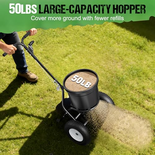 PPOLB Broadcast Spreader for Lawns, 50LB Fertilizer Spreader with 30-Level Flow Control, Walk Behind Lawn Seed & Salt Spreader, 0–10FT Coverage, Hopper Screen, Rain Cover, 12" Pneumatic Wheels - size: 50LBS