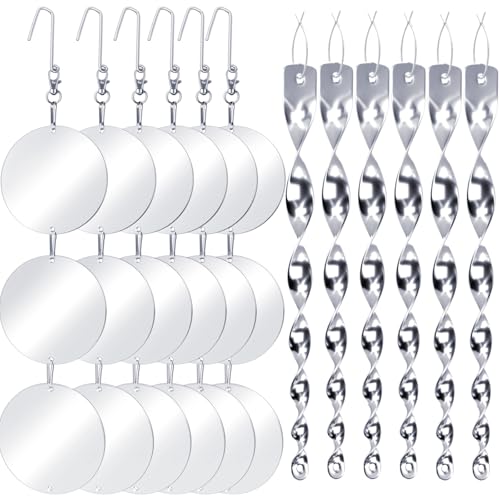 Factee Bird Scare Devices, 3.9 Inch Large 18PCS Reflective Discs Set + 6PCS Bird Scare Rods, Double-Sided Bird Reflectors Keep All Birds Away Woodpeckers Pigeons from Your House Garden Boat - color: Transparent