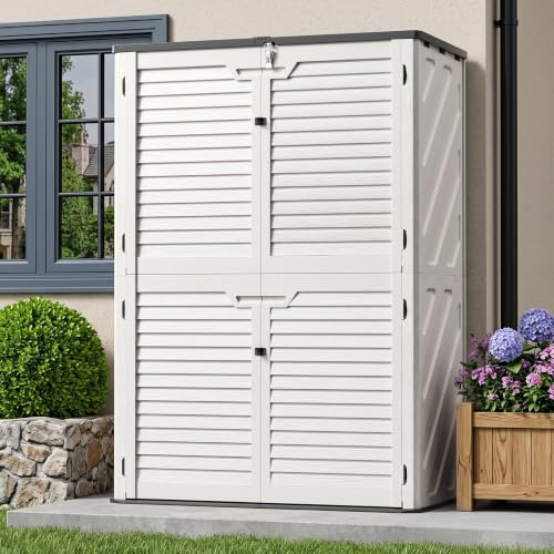 65 Cu.Ft Resin Outdoor Storage Shed with Floor, Weatherproof Plastic Vertical Outdoor Storage Cabinet for Garden Backyard Patio Pool Tool - size: 65 Cu.Ft