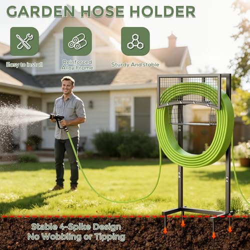 Garden Hose Holder Freestanding with Storage Basket, Holds Up to 165FT Hose, Heavy Duty Metal Water Hose Holder with 4 Anchor Spikes, for Yard, Lawn & Patio - color: Black