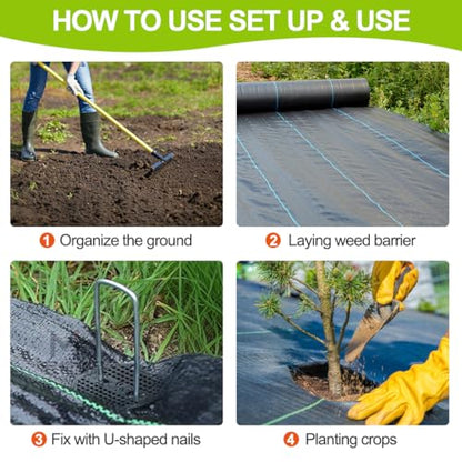 Weed Barrier Fabric 3ft x 50ft (2 Pack), 3.2oz Heavy Duty Landscape Fabric with 20 U-Shaped Stakes, Commercial Grade Weed Control for Garden, Lawn, Flower Bed - size: 3X50X2Pack+20Pegs