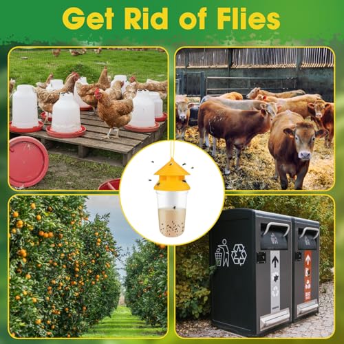 Outdoor Fly Traps, 2 Pack Reusable Hanging Fly Trap for Patio with 12 Non-Toxic Dissolvable Bait Refills, Insect Bug Catcher Killer for All Filth Flies with Ties for Outside Bug Control Yard Ranch