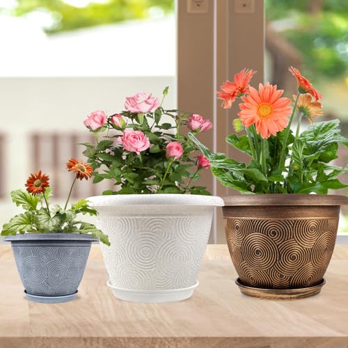 Fodetyff 12 Inch Large Planter Pot for Plants Indoor Outdoor, 4 Pack Plastic Flower Pots with Drainage Hole & Tray, Modern Decorative Garden Pot with Saucer, Plant Container for House - color: Blue, size: 12 inch-4 pack