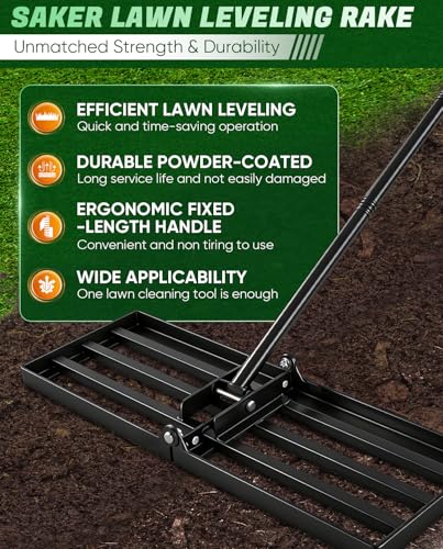 Saker Lawn Leveling Rake 25x10 Inch, 73-Inch Heavy Duty Lawn Leveler Tool with Stainless Steel Handle for Lawns, Backyard, Garden, Golf Course, Farm - Black