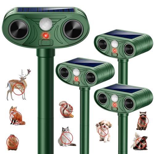 2026 New Upgrade Solar Powered Ultrasonic Animal Repellent Outdoor | Motion Activated Flash Light IP65 Waterproof Repeller Drives Away Deer Opossums for Yard Farm (4-Pack)