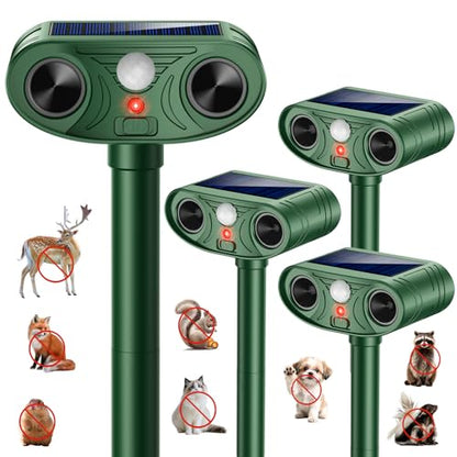 2026 New Upgrade Solar Powered Ultrasonic Animal Repellent Outdoor | Motion Activated Flash Light IP65 Waterproof Repeller Drives Away Deer Opossums for Yard Farm (4-Pack)