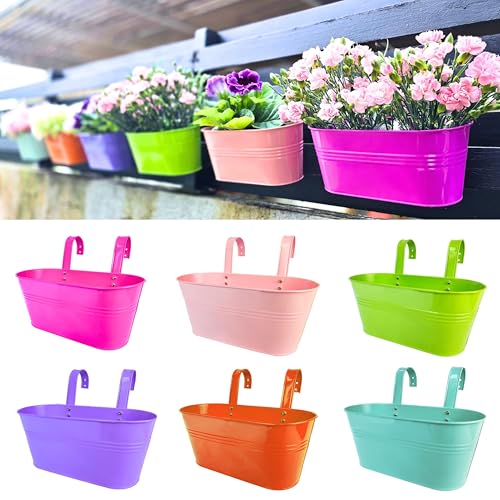LaLaGreen Hanging Rail Planter (11.2 in, 6 Pack) Colorful Metal Garden Pots - size: Multi-E 11.2" x 6 Pack