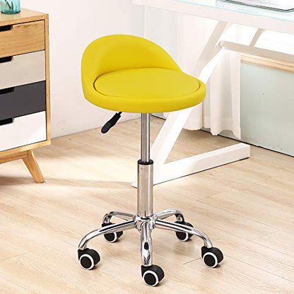 KKTONER PU Leather Round Rolling Stool with Back Rest Height Adjustable Swivel Drafting Work SPA Task Chair with Wheels (Yellow) - color: Yellow