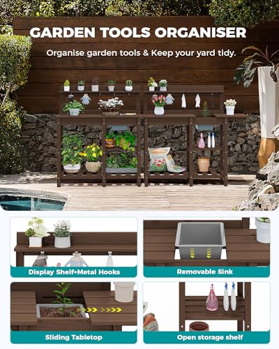 SERWALL Outdoor Potting Bench with Removable Sink,Gardening Table,Coffee - color: Coffee, size: Classic