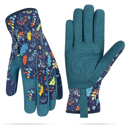 Womens Gardening Weeding Working Gloves, Leather Garden Glove for Women Thorn Proof No Stab for Digging, Planting,Pruning - color: Leaf Blue-medium