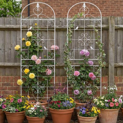 70.8" White Metal Garden Trellis for Climbing Plants, 2 Pack - color: White