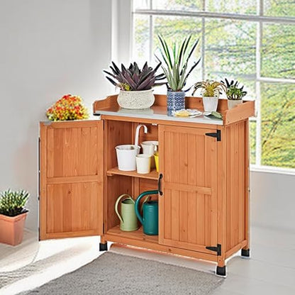 Topeakmart Potting Bench for Outside with Storage Cabinet & Metal Top,Brown - color: Brown