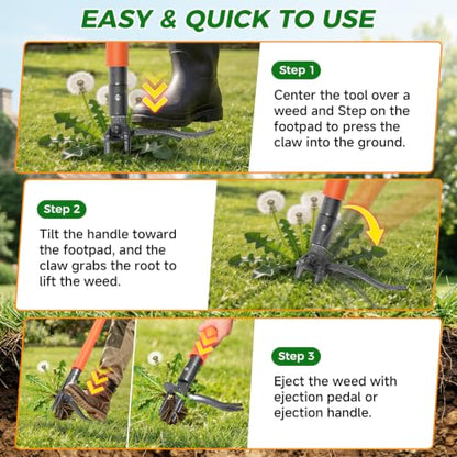 Stand Up Weed Puller Tool, 4-Claw Steel Head with Dual-Eject Design - color: orange
