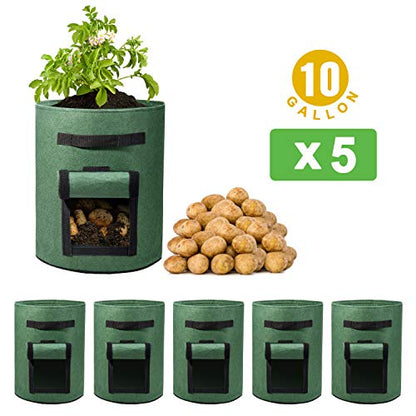 Delxo 5 Pack 10 Gallon Potato Grow Bags, Garden Planting Growing Bag with Flap, Double Layer Breathable Nonwoven Cloth for Potatoes/Planter/Vegetable/Tomato Fabric Pots with Handles Green - size: 10 Gallon