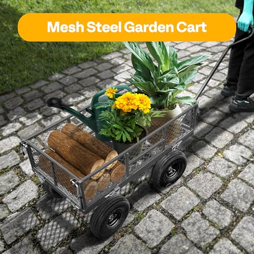 VIVOHOME Heavy Duty 880 Lbs Capacity Mesh Steel Garden Cart Folding Utility Wagon with Removable Sides and 4.10/3.50-4" Wheels 10 inch Tire (Grey) - color: Gray