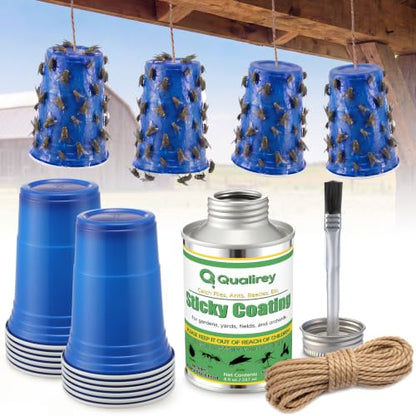 Qualirey Sticky Coating Brushable 8 oz Transparent Trap Gel Brush-on Sticky Insect with 12 Deep Blue Cups and 39 ft Jute Rope, DIY Hanging Fly Trap Kit for Patio Garden Porch and Outdoor