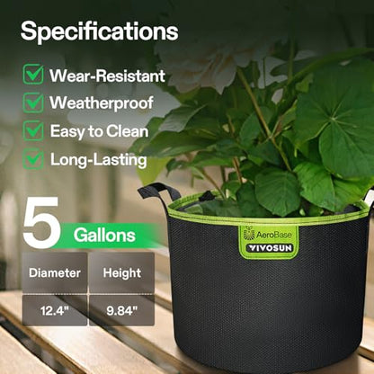 VIVOSUN 6-Pack 5-Gallon AeroBase Grow Bags, Durable Mesh Fabric Plant Container with Breathable Base and Sturdy Handles, Black - size: 5 Gallons (Pack of 2)