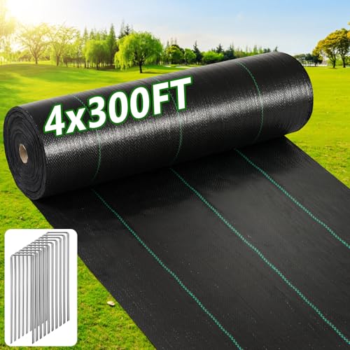 GOTGELIF 4ft×300ft Weed Barrier Fabric, 3.2OZ with 60 U-Shaped Nails - size: 3.2oz-4ftx300ft with 60 pegs